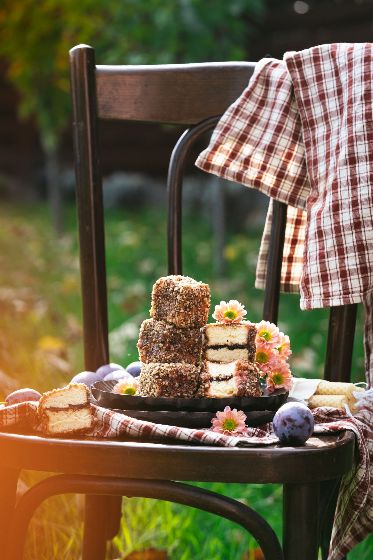 Lamingtons sau tăvălite cu prune, nucă și scorțișoară